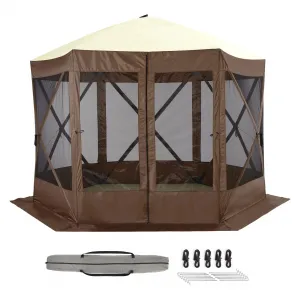 12x12ft Camping Gazebo, Portable Pop Up Canopy Outdoor Screen Tent 6 Sided with Mesh Windows and Carry Bag for Camping, Picnic, Backyard Party Outside Activities, Brown