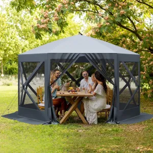 12x12ft Camping Gazebo, Portable Pop Up Canopy Screen Tent 6 Sided with Mesh Windows and Carry Bag for Camping, Outdoor, Picnic, Backyard Party Outside Activities, Gray
