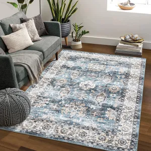 9x12 Living Room Rug Vintage Distressed Floor Cover Indoor Non-Slip Large Throw Carpet Rug Oriental Boho Accent Rug Washable Stain Resistant Rug for Bedroom Nursery Home Office Decor, Blue