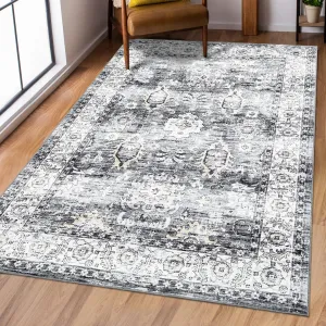 5x7 Bedroom Rug Machine Washable Non-Slip Floor Cover Vintage Distressed Carpet Rug Stain Resistant Oriental Accent Rug Boho Medallion Throw Rug for Living Room Home Office Decor, Grey