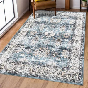 Washable Rug Large Living Room Vintage Distressed Area Rug 8x10 with Non-Slip Rubber Backing Indoor Throw Oriental Accent Floor Cover Carpet for Bedroom Nursery Home Office, Blue