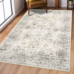 5x7 Bedroom Rug Machine Washable Non-Slip Floor Cover Vintage Distressed Carpet Rug Stain Resistant Oriental Accent Rug Boho Medallion Throw Rug for Living Room Home Office Decor, Blue