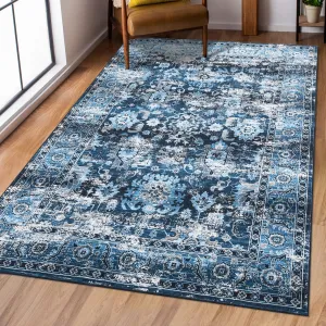 Vintage Washable Area Rug Small Entryway Rug with Non-Slip Backing Washable Boho Accent Floor Cover Carpet Oriental Accent Indoor Bedroom Rug Distressed Carpet for Living Room Office, Navy