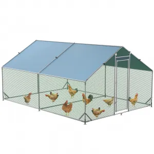 Chicken Run 9.8'x13'x6.4', Large Metal Chicken Coop Heavy Duty Hen House with Waterproof Anti-Uv Cover for Outdoor Chicken Pens with Reforced Tri-Supporting Steel Frame, Silver, Spire Roof