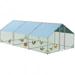 Chicken Run 9.8'x6.5'x6.4', Large Metal Chicken Coop Heavy Duty Hen House with Waterproof Anti-Uv Cover for Outdoor Chicken Pens with Reforced Tri-Supporting Steel Frame, Silver, Spire Roof