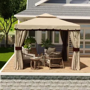 13'x13' Outdoor Gazebo with Netting and Curtains Garden Pavilion for Patio Backyard Lawn Khaki