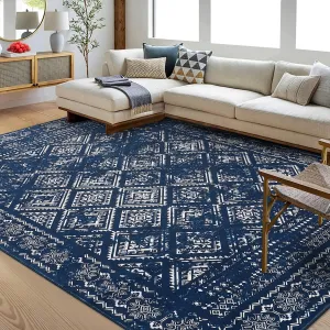 Boho Blue 6x9 Area Rug Washable Bedroom Rug, Vintage Distressed Blue Rug Indoor Soft Non Slip Carpet Low Pile Aesthetic Rug Throw Carpet for Living Room Bedroom Nursery Home Office