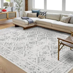 Boho Beige Grey 5x7 Rugs for Living RoomDistressed Washable Rug Indoor Soft Low Pile Rug Anti-Slip Backing Aesthetic Rug Vintage Non-Shedding Throw Carpet for Bedroom Farmhouse Playroom Nursery
