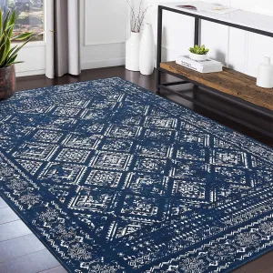 Boho Blue 9x12 Washable Rugs, for Living Room Moroccan Living Room Rugs Distressed Trellis Boho Large Area Rug for Bedroom Non Slip Throw Rugs Stain Resistant Carpet for Dining Room