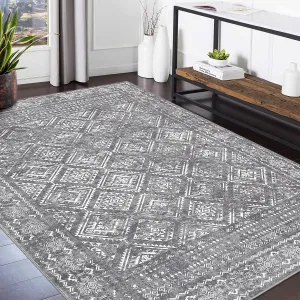 Boho Grey 9x12 Moroccan Trellis Rug Washable Non-Slip Stain-Resistant Distressed Boho Rug for Living Room, Bedroom, Dining Room