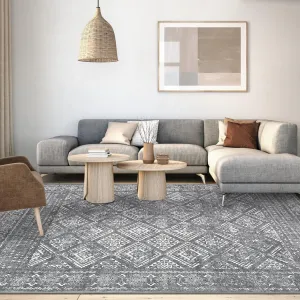 Boho Grey 8x10 Area Washable Rugs for Living Room Soft Large Area Rug Non Slip Vintage Rug Boho Distressed Accent Rug Indoor Low Pile Throw Carpet for Bedroom Nursery Home Office Dining