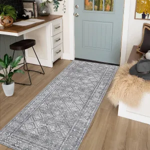 Boho Grey 2x6 Washable Runner Rug, Moroccan Entryway Bedroom Rugs Distressed Boho Non Slip Kitchen Rugs Bathroom Rugs Throw Rugs Soft Stain Resistant Carpet for Laundry Hallway