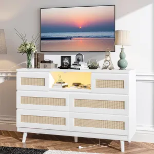 Natural Rattan Dresser for Bedroom with LED Light and Charging Station, 6 Drawer Double Dressers, Modern Wooden Dresser Chest, Beside Table for Closet, Nursery, Living Room, White