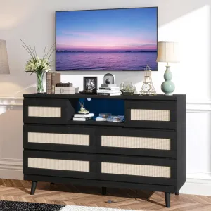 Natural Rattan Dresser for Bedroom with LED light and Charging Station, 6 Drawer Double Dressers, Modern Wooden Dresser Chest, Beside Table for Closet, Nursery, Living Room - Black