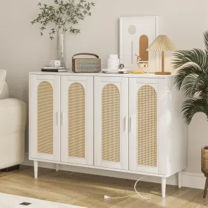 Rattan Sideboard Buffet Cabinet + 4 Doors + Built-in Power Outlet + MDF Board + Adjustable Shelves + White + Kitchen, Dining Room, Hallway, Living Room