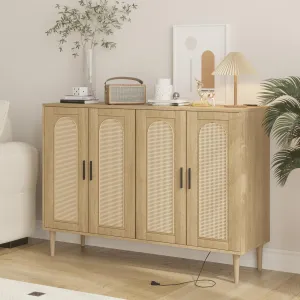 Rattan Sideboard Buffet Cabinet + 4 Doors, Power Outlet + Adjustable Shelves + MDF, Metal Handles + Anti-tip Kit + Kitchen, Dining, Living Room