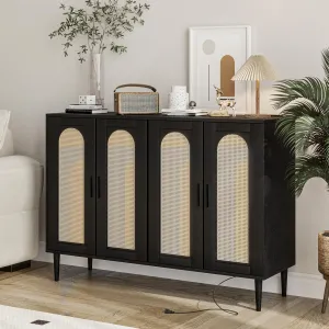 Rattan Sideboard Buffet Cabinet with 4 Doors, Power Outlet, Adjustable Shelves, MDF Board, Metal Handles, Anti-Tip Kit, for Kitchen, Dining Room