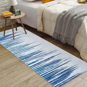 Washable Runner Rug 2x6 Modern Geometric Striped Non-Slip Polyester for Kitchen Entryway Bathroom Blue