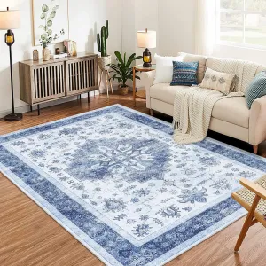 Large Machine Washable Area Rug Living Room Rugs, 5x7 Soft Indoor Floral Stain Resistant Non Slip Thin Carpet for Under Dining Table Bedroom Nursery Home Office, Blue