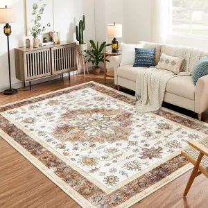 Large Machine Washable Area Rug Living Room Rugs, 9x12 Soft Indoor Floral Stain Resistant Non Slip Thin Carpet for Under Dining Table Bedroom Nursery Home Office, Brown