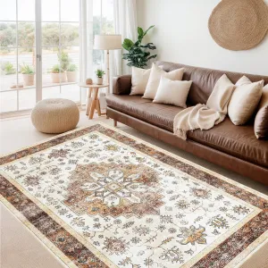 Large Living Room Area Rug 10x13 Washable Vintage Floral Soft Non Slip Brown White
