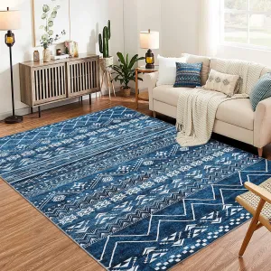 Large Moroccan Area Rug, 9x12 Super Soft Ultra-Thin Boho Indoor Floor Carpet, Anti-Slip Foldable Machine Washable Geometric Rug for Living Room Under Dining Table Home Office House Decor, Blue