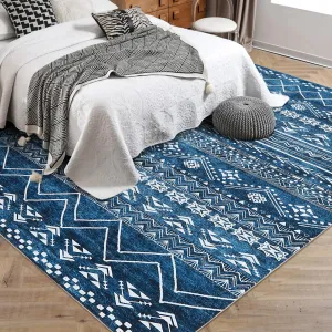Large Moroccan Area Rug, 5x7 Super Soft Ultra-Thin Boho Indoor Floor Carpet, Anti-Slip Foldable Machine Washable Geometric Rug for Living Room Under Dining Table Home Office House Decor, Blue