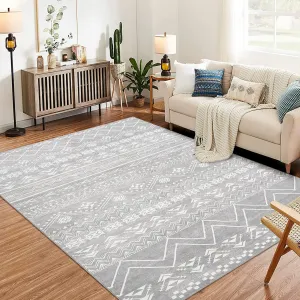 Large Moroccan Area Rug, 9x12 Super Soft Ultra-Thin Boho Indoor Floor Carpet, Anti-Slip Foldable Machine Washable Geometric Rug for Living Room Under Dining Table Home Office House Decor, Grey