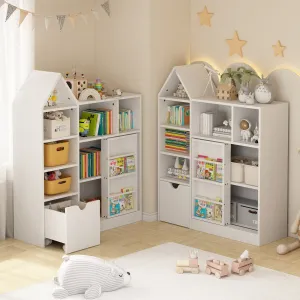 Wooden Kids Bookshelf with Sliding Door and 3 Movable Toy Storage Bins, White