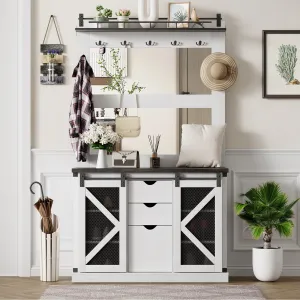 Hall Tree,Coat Rack With Shoe Cubbies & 7 Coat Hooks,and 3 Drawers for Hallway,Mudroom Bench With Shoe Storage Bench,Entryway Furniture,White