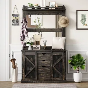 Hall Tree,Coat Rack With Shoe Cubbies & 7 Coat Hooks,and 3 Drawers for Hallway,Mudroom Bench With Shoe Storage Bench,Entryway Furniture,Dark Oak