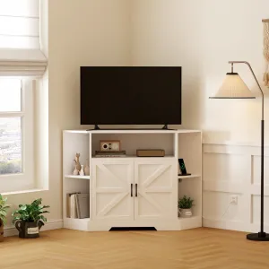 - Soporte de TV de esquina de 32 pulgadas de alto para TV de 40/50/55 pulgadas, centro de entretenimiento blanco con puerta de bar, consola de TV de granja con almacenamiento para sala de