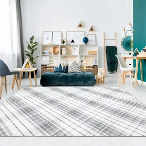 Area Rugs 9x12 Living Room Washable Rug Modern Plaid Rug Low Pile Non Slip Cross Lines Print Carpet Indoor Soft Bedroom Rug Foldable Thin Rug for Dining Room Home Office Nursery Light Grey
