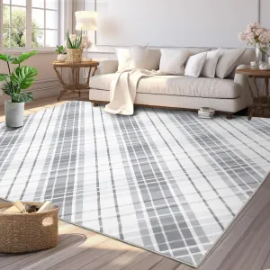 Area Rugs 8x10 Living Room Rug Washable Rug Modern Plaid Area Rug Indoor Soft Bedroom Rug Non-Slip Backing Cross Lines Print Carpet Foldable Thin Rug for Bedroom Home Office Nursery Light Grey