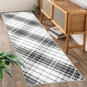 Runner Rug 2x6 Modern Plaid Area Rug Washable Rug Indoor Soft Entryway Runners Non Slip Kitchen Laundry Runner Rug Plaid Printed Accent Rug for Living Room Bedroom Fireplace Black