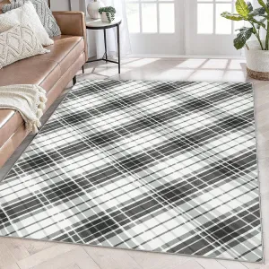 6x9 Area Rugs for Bedroom Indoor Plaid Rug Non-Slip Washable Rug Modern Plaid Accent Rug Low Pile Soft Floor Cover Modern Lines Foldable Thin Rug for Living Room Dining Room Nursery Black