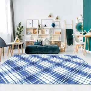 Area Rugs 8x10 Living Room Rug Washable Rug Modern Plaid Area Rug Indoor Soft Bedroom Rug Non-Slip Backing Cross Lines Print Carpet Foldable Thin Rug for Bedroom Home Office Nursery Blue