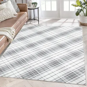 6x9 Area Rugs for Bedroom Indoor Plaid Rug Non-Slip Washable Rug Modern Plaid Accent Rug Low Pile Soft Floor Cover Modern Lines Foldable Thin Rug for Living Room Dining Room Nursery Light Grey