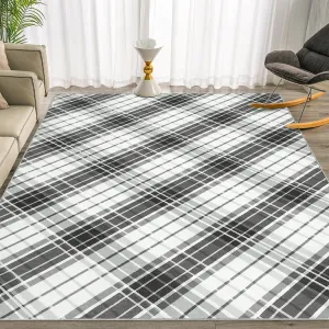 Area Rugs 9x12 Living Room Washable Rug Modern Plaid Black Rug Low Pile Non Slip Cross Lines Print Carpet Indoor Soft Bedroom Rug Foldable Thin Rug for Dining Room Home Office Nursery Black