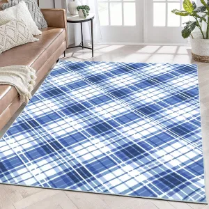 Area Rugs 5x7 Rugs for Living Room Modern Plaid Washable Rug Indoor Soft Bedroom Rug Low Pile Non Slip Cross Lines Print Carpet Foldable Thin Rug for Dining Room Home Office Nursery Blue