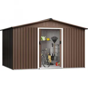 10'x8' Outdoor Steel Storage Shed - Lockable Doors, Utility Tool Storage House for Backyard, Garden, Patio, Lawn, Brown