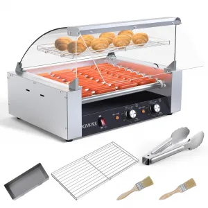 Hot Dog Roller, 24 Hot Dog 9 Roller Grill Cooker Machine with Glass Warming Cover,LED Lighting, Removable Drip Tray, Stainless Steel Hot Dog Machine for Commercial Use