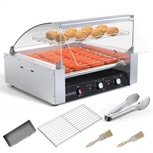 Hot Dog Roller, 30 Hot Dog 11 Roller Grill Cooker Machine with Glass Warming Cover,LED Lighting, Removable Drip Tray, Stainless Steel Hot Dog Machine for Commercial Use