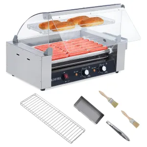 Hot Dog Roller - 18 Hot Dog Capacity, 7 Rollers, 1050W, Stainless Steel With Cover, Dual Temp Control, Detachable Drip Tray, Led Light, Perfect for Commercial And Party