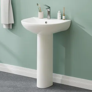 Modern Classic Design Pedestal Sink - 20" x 17" U-Shape White Ceramic Bathroom Sink with Overflow, Compact Pedestal Sink for Small Bathrooms and Powder Rooms