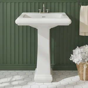 Modern White Ceramic Pedestal Bathroom Sink + Classic Clean Lines + Geometric Shape + Overflow + 3 Pre-Drilled Holes + Fits 4-Inch Faucets + Home, Hotel, Public Restroom