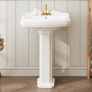 Vintage White Ceramic Pedestal Sink with Overflow, 3 Pre-Drilled Holes, 23" W x 19" D, Scratch-Resistant, Easy to Clean, Fits 4-Inch Faucets, Ideal for Small Bathrooms