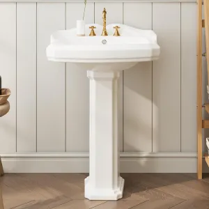 Vintage White Ceramic Pedestal Sink 23" W X 19" D with Overflow, 3 Pre-Drilled Holes, Fits 8-Inch Faucets, Scratch Resistant, Easy to Clean, Compact Design