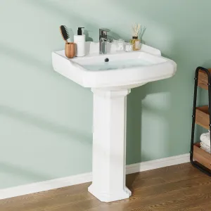 Vintage Bathroom Pedestal Sink, 19"L x 23" W Retro White Bathroom Sink With Overflow Hole, Freestanding Ceramic Sink With Single Hole