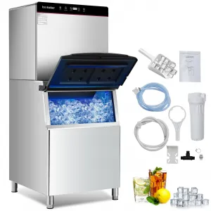 High-Capacity Commercial Ice Maker – 550LBS/24H Output, 300LBS Storage Bin, Stainless Steel, Water-Cooled, Self-Cleaning, LCD Panel, Freestanding Under Counter, Perfect for Restaurant, Bar, Café, Business Use, Color: System Default